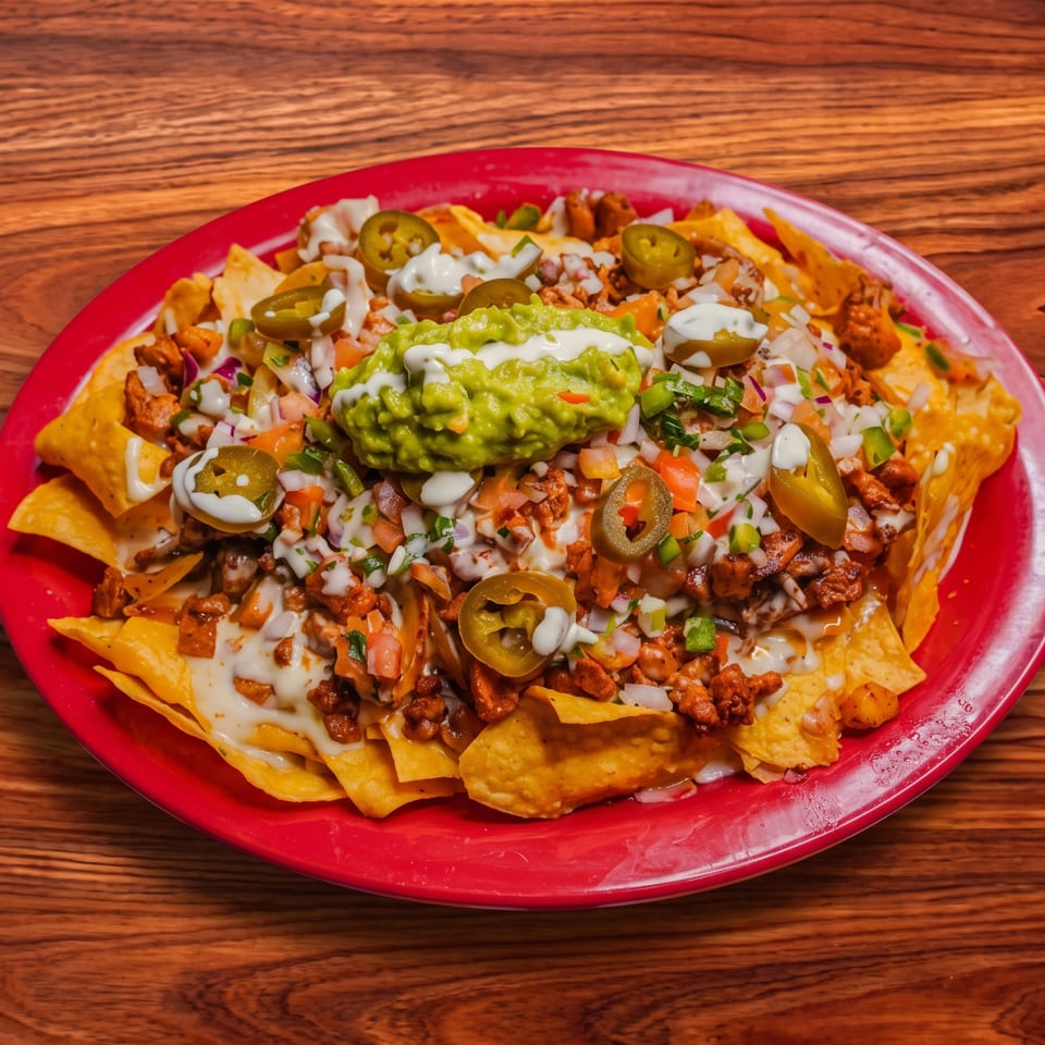 A vibrant red plate of loaded nachos with guacamole, jalapeños, and white sauce on a wooden table.