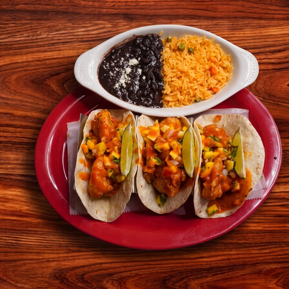 Three shrimp tacos with mango salsa and lime wedges, served with rice and black beans.