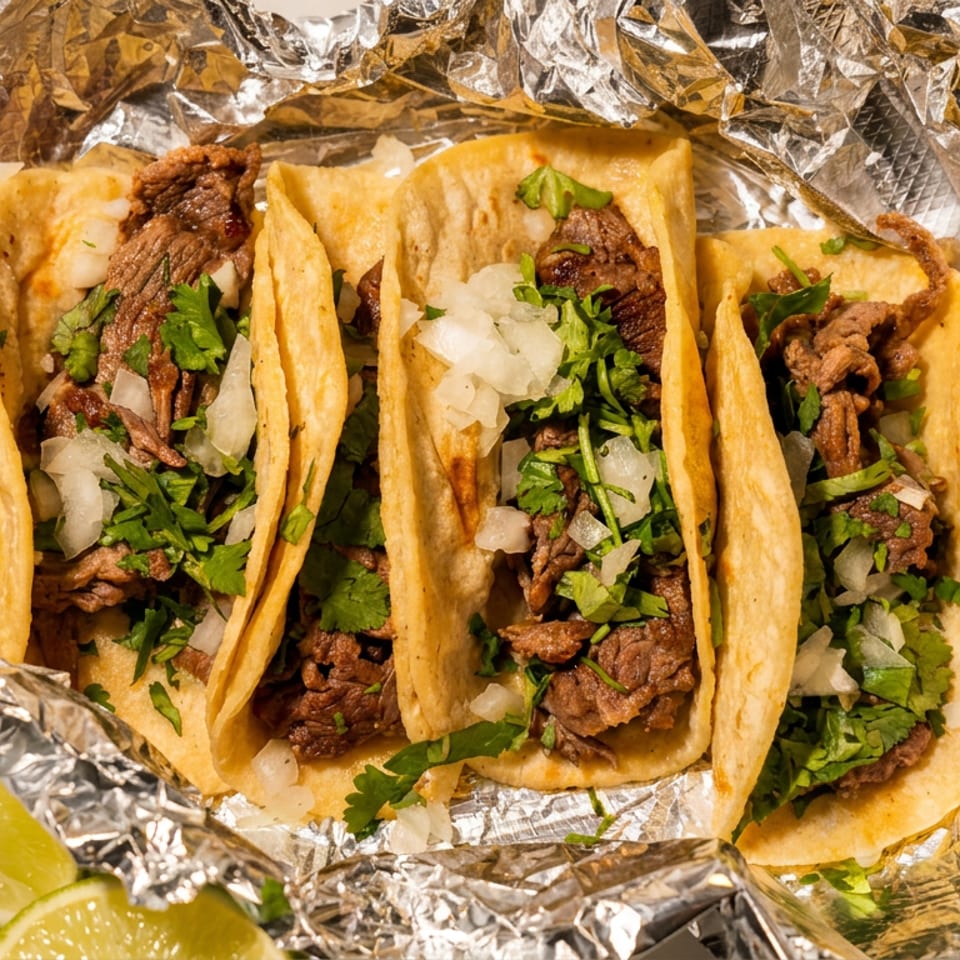 Four carne asada street tacos with cilantro and onions in a foil-lined to-go container.